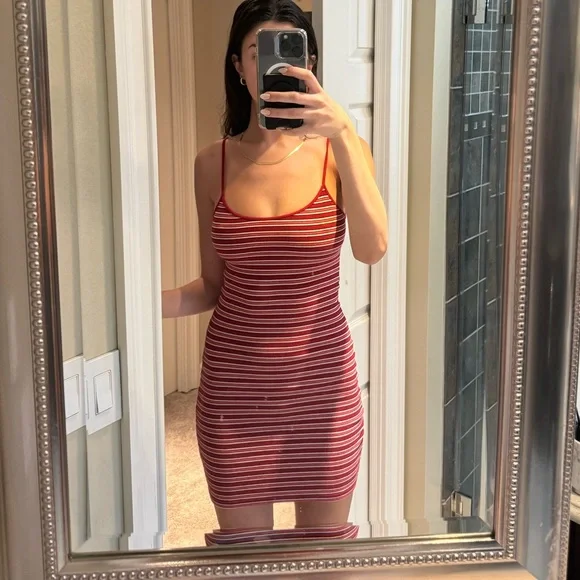 strapless open back dress Red & White Striped Midi Dress Large main image 0